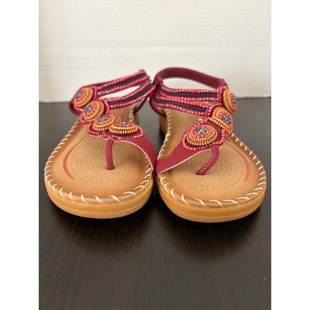 Harence WomensT-Strap Sandals Size 6.5-7 Burgundy Red Beaded Boho Slingback Flat - Picture 2 of 13